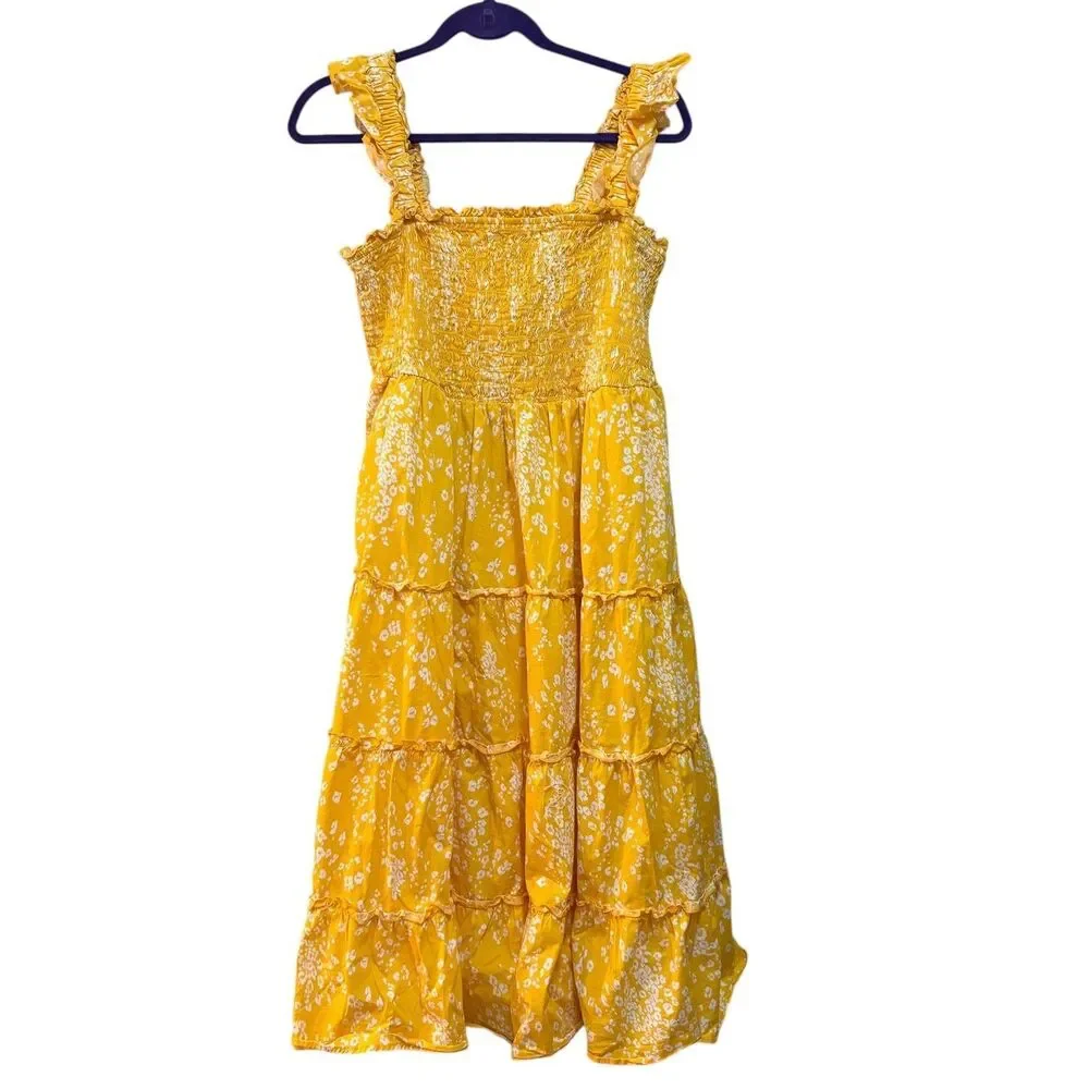 Torrid Dress Womens 2X Yellow Floral Sleeveless Smocked Tiered Sundress Maxi - Picture 2 of 5